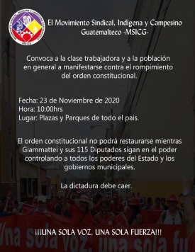 MSICG - Convoca a la clase trabajadora y a la poblaci&oacute;n en general a manifestarse contra el rompimiento del orden constitucional.